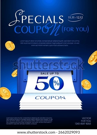 3d gift voucher cards with coupon code, 50% off are being printed from a slot, golden coins flying around, isolated on dark blue background. Cashback coupon popup banner template in 3d vector