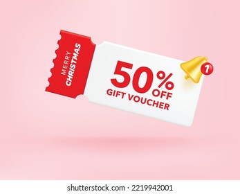 3D Gift voucher with coupon. For Christmas sales and Discount online purchases. In red tones isolated on pink background. 3d rendering. Realistic 3d illustration vector.