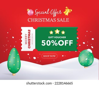 3D Gift voucher coupon. For Christmas sales and Discount online purchases. Percentage label with gift box and balloon isolated on pink background. 3d rendering.
