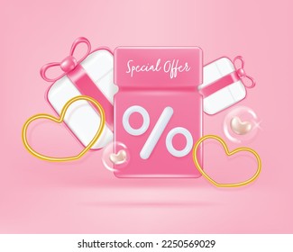 3D Gift voucher with coupon Percentage. Happy valentine's day promotion sales and Discount online purchases. Tag label, banner with Percentage isolated. 3d rendering.