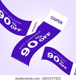  3D Gift voucher with coupon. 3d voucher vector. discount coupon. Gift card coupon 3d design with 20% off to 90% off gift voucher vector template design for business.