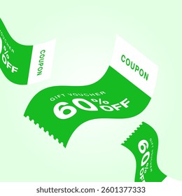  3D Gift voucher with coupon. 3d voucher vector. discount coupon. Gift card coupon 3d design with 20% off to 90% off gift voucher vector template design for business.