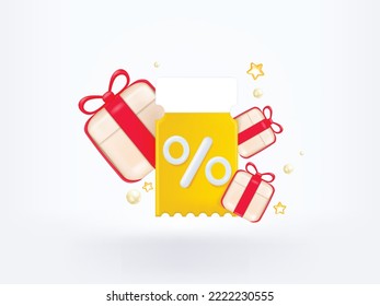 3D Gift voucher coupon. For web shopping online sales and Discount online purchases. Percentage label with gift box and Percentage star symbol isolated. 3d rendering.