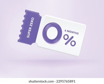 3D Gift voucher with coupon Zero Percentage. For business promotion sales and Discount online purchases. Tag label, sale banner with super zero 0% discount. 3d rendering.