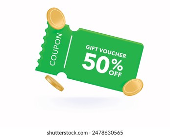 3D Gift voucher with green coupon. For sales and Discount online purchases. Percentage label with gold coin isolated background. 3d rendering.