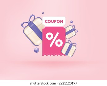 3D Gift voucher with pink coupon. For Birthday sales and Discount online purchases. Percentage label with gift box and balloon isolated on pink background. 3d rendering.