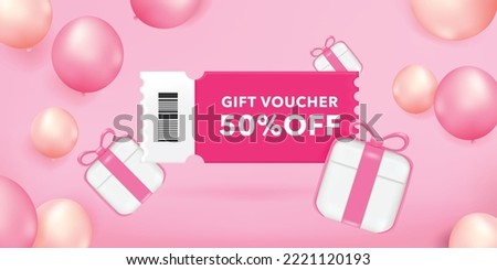 3D Gift voucher with pink coupon. For Birthday sales and Discount online purchases. Percentage label with gift box and balloon isolated on pink background. 3d rendering.