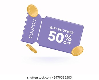 3D Gift voucher with purple coupon. For sales and Discount online purchases. Percentage label with gold coin isolated background. 3d rendering.