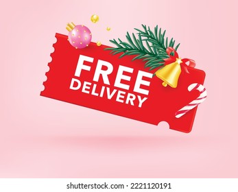 3D Gift voucher with red coupon. For Christmas sales and Discount online purchases. In red and green pine isolated on pink background. 3d rendering.