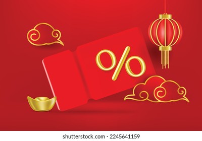 3D Gift voucher red coupon Chinese new year. For business promotion sales and Discount online purchases. Tag label, banner with Percentage discount. 3d rendering.