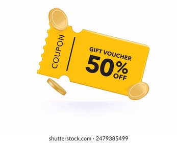 3D Gift voucher with yellow coupon. For sales and Discount online purchases. Percentage label with gold coin isolated background. 3d rendering.