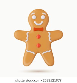 3d Gingerbread man. Christmas Ginger cookie. Happy New Year Decoration. Merry Christmas Holiday. 3d rendering. Vector illustration