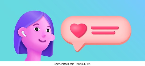 3d girl cartoon character head with headphones and cloud with message for social network. Vector illustration. Vector illustration for a social media profile. 3d cartoon character design