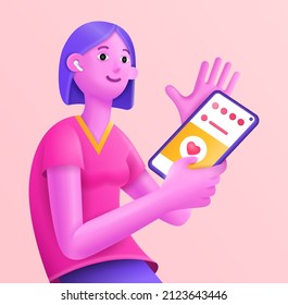 3d girl cartoon character with headphones hold tablet in hand and communicate in social network. Vector illustration. 3d cartoon character design. Teenagers and social media. Interaction with gadgets