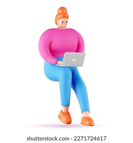 3d girl with a computer. Cartoon characters woman and man, vector illustration. Stylized fashion characters with big body, bodypositive figure.