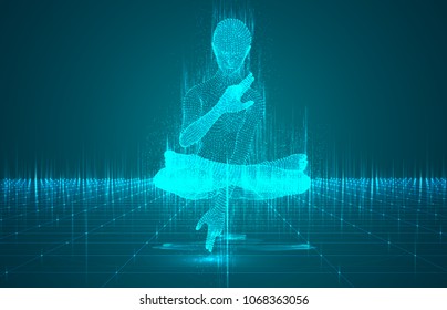 3d girl posing doing yoga, health of the future, vector image