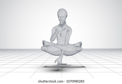 3d girl posing doing yoga, health of the future, vector image