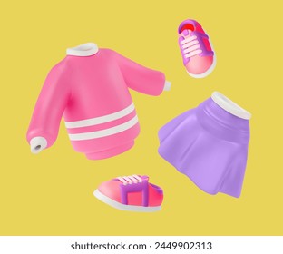 3d Girl Teenage Clothes Set Cartoon Design Style Include of Sweater, Pair Shoes and Skirt. Vector illustration