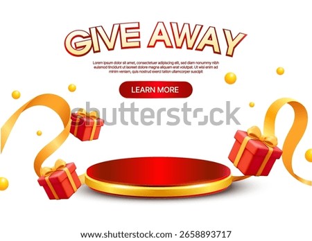 3d give away red podium banner template with flying gift boxes and golden ribbon, isolated on white background. Giveaway background with stage in 3d vector illustration