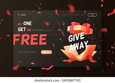 3d giveaway gift. Give away winning prizes announcement banner, amazing exploding giftbox winner celebrate congratulations, buy 1 get one free bonus realistic vector illustration of giveaway