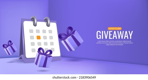 3D Giveaway winner with calendar and gift design elements on purple background