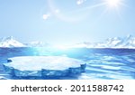 3d glacier scene design with ice stage floating on sea surface. Blank background suitable for displaying icy product.