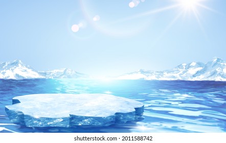 3d glacier scene design with ice stage floating on sea surface. Blank background suitable for displaying icy product.