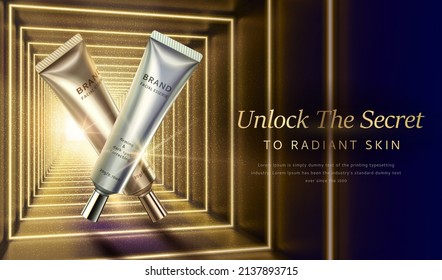 3d glamorous and luxury cosmetic product ad template. Plastic cream tube displayed in a golden neon light tunnel.