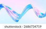 3d glass abstract wave flying. Gradient background liquid ribbon form. Hologram y2k spiral shape iridescent texture. Holographic ribbon glass effect. Vector music poster, futuristic tech template
