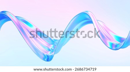 3d glass abstract wave flying. Gradient background liquid ribbon form. Hologram y2k spiral shape iridescent texture. Holographic ribbon glass effect. Vector music poster, futuristic tech template
