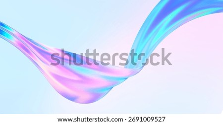 3d glass abstract wave flying. Gradient background liquid ribbon form. Hologram y2k spiral shape iridescent texture. Holographic ribbon glass effect. Vector music poster, futuristic tech template