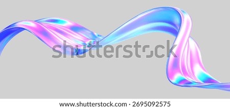 3d glass abstract wave flying. Gradient background liquid ribbon form. Hologram y2k spiral shape iridescent texture. Holographic ribbon glass effect. Vector music poster, futuristic tech template