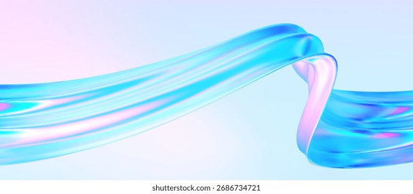 Onda abstracta de vidrio 3D. Fondo degradado con forma de cinta de flujo líquido. Holograma azul rosa elemento de curva efecto iridiscente. Ilustración vectorial para cartel de música abstracta, Plantilla tecnológica futurista