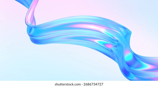 3D Glas abstrakte Welle. Farbverlauf-Hintergrund mit flüssigem Flussband. Hologramm blau rosa Kurve Element irisierenden Effekt. Vektorgrafik für abstraktes Musikposter, futuristische Tech-Vorlage