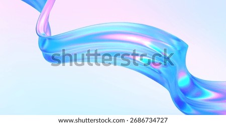 3d glass abstract wave. Gradient background with liquid flow ribbon form. Hologram blue pink curve element iridescent effect. Vector illustration for abstract music poster, futuristic tech template