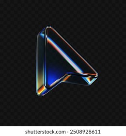 Icono de flecha de vidrio 3D con refracción y efecto holográfico aislado sobre fondo oscuro. Cursor de cristal transparente del renderizado con la luz de dispersión de la superposición, degradado del arco iris. Morfismo del Vector 3D