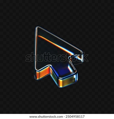3d glass arrow icon with refraction and holographic effect isolated on dark background. Render transparent glass cursor with overlay dispersion light, rainbow gradient. 3d vector morphism