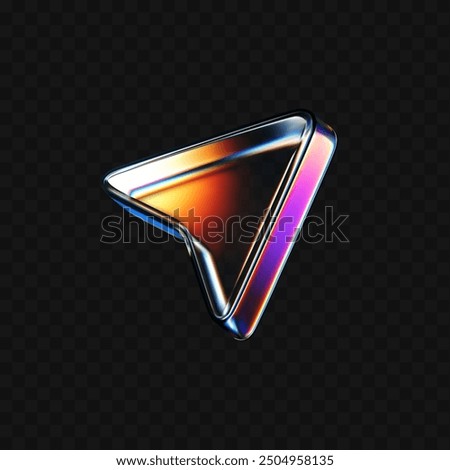 3d glass arrow icon with refraction and holographic effect isolated on dark background. Render transparent glass cursor with overlay dispersion light, rainbow gradient. 3d vector morphism