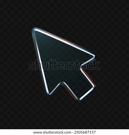 3d glass arrow icon with refraction and holographic effect isolated on dark background. Render transparent glass cursor with overlay dispersion light, rainbow gradient. 3d vector morphism