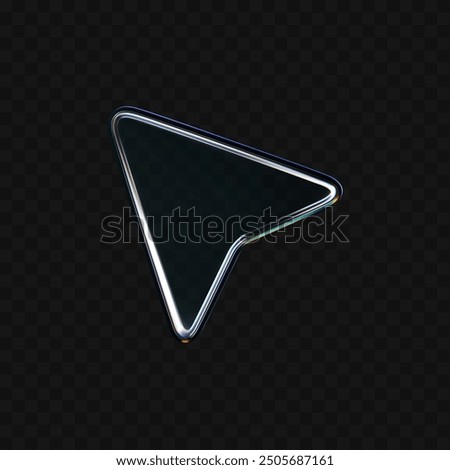 3d glass arrow icon with refraction and holographic effect isolated on dark background. Render transparent glass cursor with overlay dispersion light, rainbow gradient. 3d vector morphism