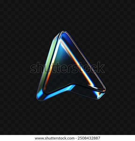 3d glass arrow icon with refraction and holographic effect isolated on dark background. Render transparent glass cursor with overlay dispersion light, rainbow gradient. 3d vector morphism