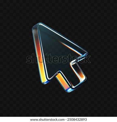 3d glass arrow icon with refraction and holographic effect isolated on dark background. Render transparent glass cursor with overlay dispersion light, rainbow gradient. 3d vector morphism