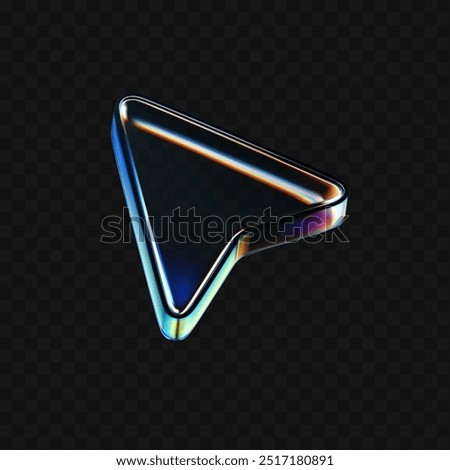 3d glass arrow icon with refraction and holographic effect isolated on dark background. Render transparent glass cursor with overlay dispersion light, rainbow gradient. 3d vector morphism