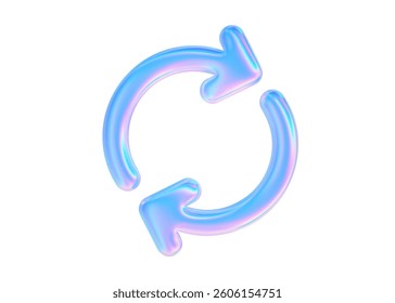 3d glass arrow icon. Update holographic symbol. Two round blue gradient arrows. Refresh, upgrade, recycle. Vector illustration for modern ui design.