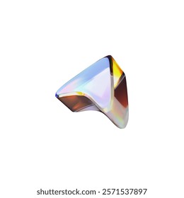 3D glass arrowhead icon with refraction and holographic effect. Render vector transparent glass arrow cursor with overlay dispersion light, rainbow gradient. Volume button pointing up right diagonal