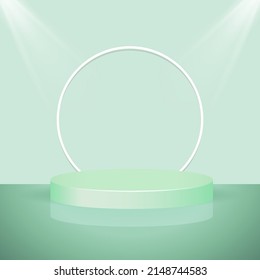 3d glass background products display podium scene with geometric platform. background vector 3d rendering with podium. stage showcase on pedestal display green studio