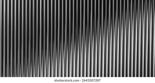 3d glass background with ribbed texture and gradient light effect. Abstract black line pattern for vertical wall panel or window design. Translucent prism reflection with wavy liquid overlay.