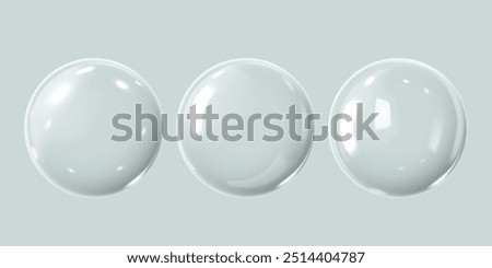 3D glass balls on isolated gray background. This vector illustration is a set of floating transparent spheres, ideal for design projects such as water or collagen drops.