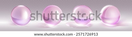 3D glass balls set isolated on transparent background. Vector realistic illustration of pink crystal spheres with light flare and reflection on glossy surface, cosmetic gel bubbles, decoration beads