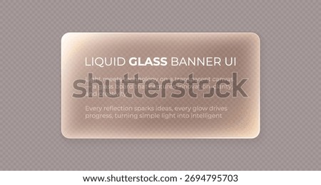 3d glass banner with shadow on transparent background. Gold liquid glass button with soft glow and text example, blur effect. Tech board frame in futuristic style. Light png banner box, vector.